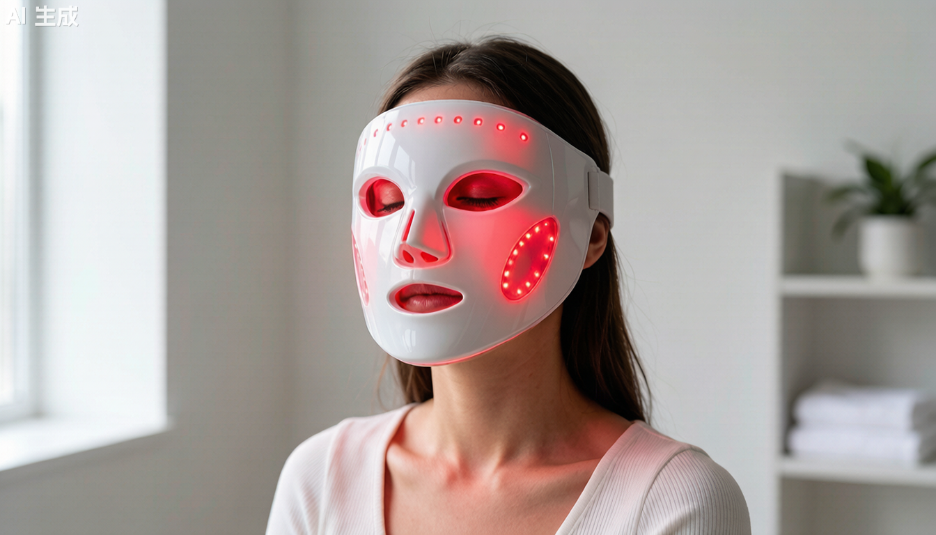 Woman using red light therapy LED face mask
